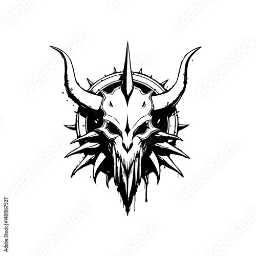 Abstract horned skull with circular spiked halo, an emblem of dark fantasy