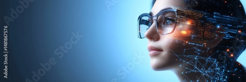 Innovative woman with glasses data visualization and connectivity against a clean background embodying a cutting edge digital technology concept