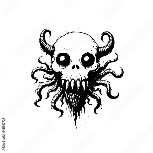 Stylized Skull with Tentacles and Horns in Black and White Illustration