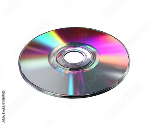 Colorful compact disc reflecting light in a modern setting on a transparent background, cut out