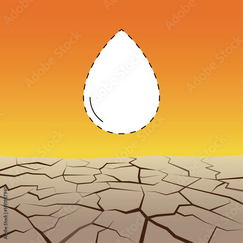 Illustration of a cracked, dry earth under an orange sky with an outlined, missing water drop. Symbolizing severe drought, water scarcity, and the urgent need for conservation.