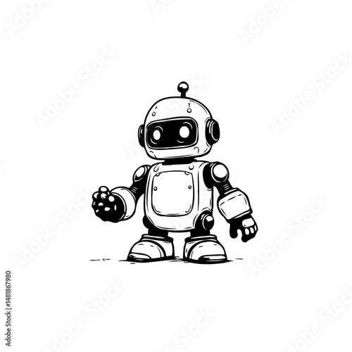 Whimsical robotic character in monochrome, standing with outstretched hand