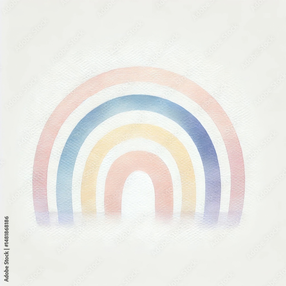 Naklejka premium Minimalist pastel rainbow in soft peach, yellow, and blue tones on white textured background. Watercolor illustration with smooth gradient brushwork