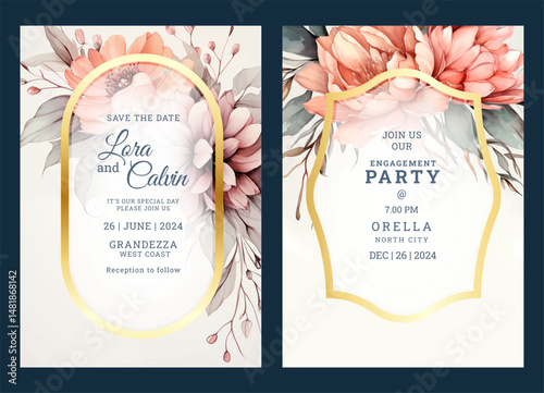 Watercolor floral art wedding invitation template, business brochure template, floral flyer design, universal background, versatile vector background, creative brochure template, party invitation