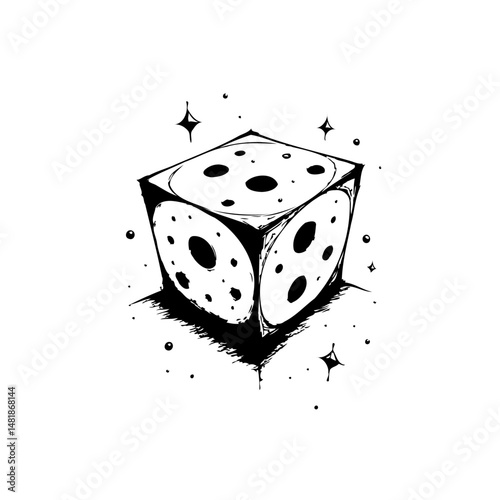 Stylized black and white illustration of a dice with distinctive cosmic flair