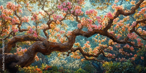 Blossoming Branches A twisted tree laden with delicate pink blooms