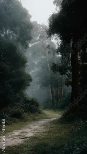 Ethereal path winding through a dense forest shrouded in mystical fog, with tall trees casting shadows and creating a serene ambiance, nature trail, woodlands, landscape.