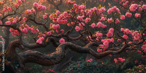 Blossoming branches entwined pink blossoms abound
