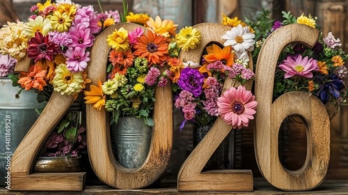 Wooden numbers with flowers arrangement floral decoration creating a beautiful display with vibrant blooms for events announcements and festive designs on a rustic wood background 