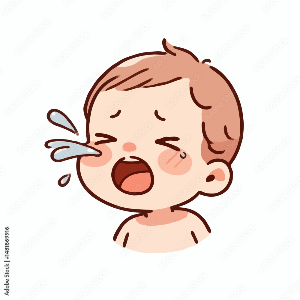 Crying baby face with tears on white background