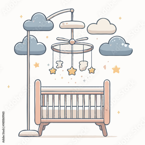 Baby crib with mobile and clouds