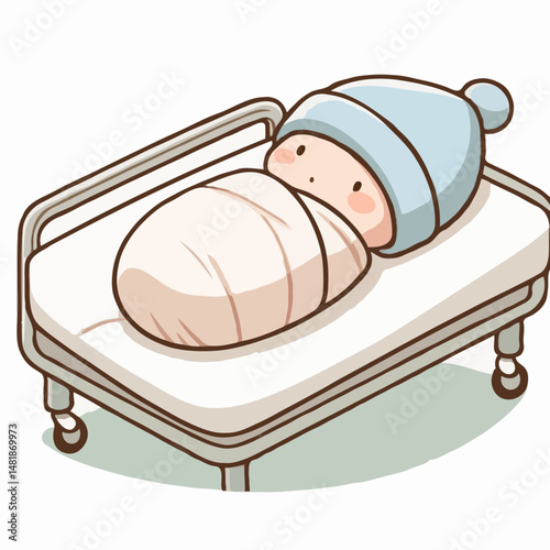 Newborn baby swaddled in hospital bed
