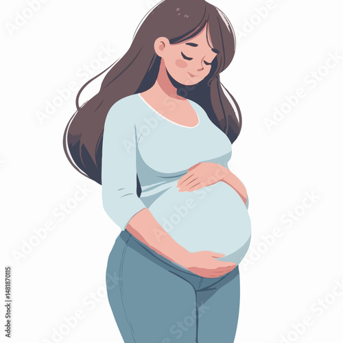 Smiling pregnant woman touching belly on white background