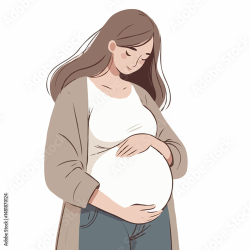 Pregnant woman holding belly with eyes closed on white background