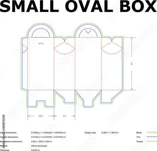 Detailed blueprint of a small oval box for packaging with precise dimensions and cutting lines