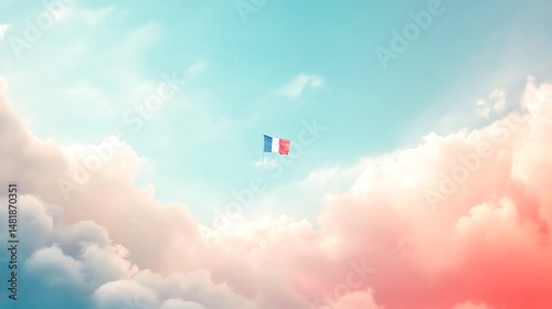 French Flag Soaring High in Pastel Sky Peaceful Cloudscape red art calm blue pink hope soft airy    