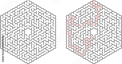 Hexagonal maze illustration showing solution path in red color for concepts of complexity