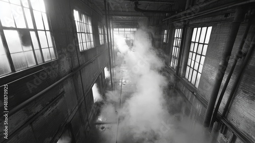 Abandoned industrial hallway with steam: monochrome factory interior pipes and bright windows create a mysterious atmospheric background 