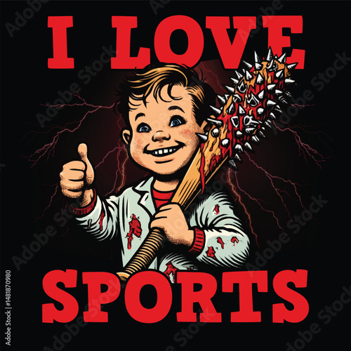 Groovy Vector T-Shirt Design I Love Sports - Spooky Cute Kid with Baseball Bat