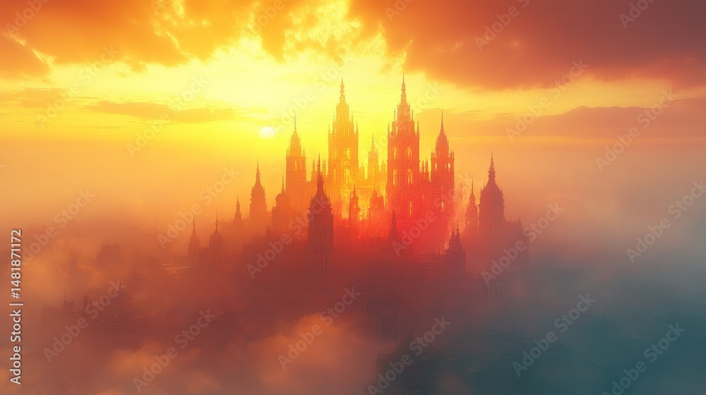 Fototapeta premium Fiery, golden sunset over a majestic, ancient city hidden in clouds.