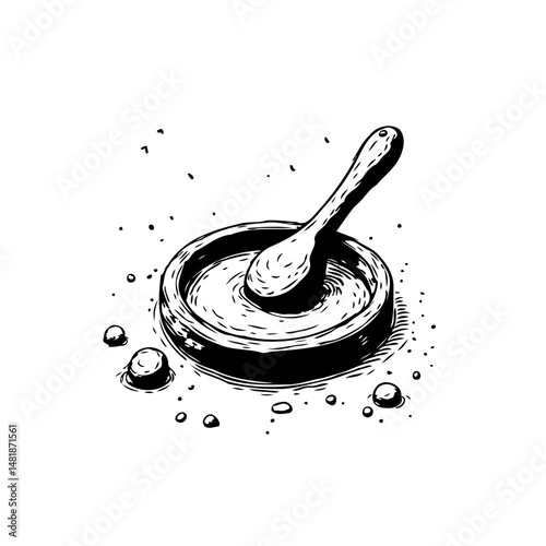 Stylized ink drawing of a spoon in a circular container with contents