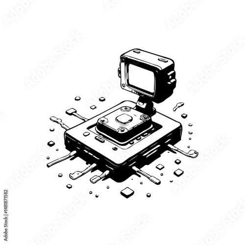 Abstract representation of a stylized electronic device with monitor connection