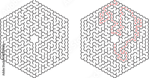 Hexagonal maze illustrated with black lines demonstrating the path to a solution in red