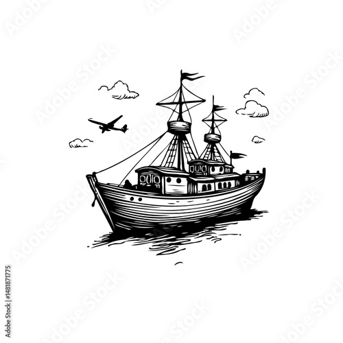 Nautical vessel sketch with vintage biplane flying through textured clouds