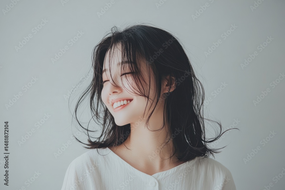 beautiful, young, smiling Japanese woman wearing a white shirt, with shoulder-length hair in a side-parting hairstyle, posing for a photoshoot in front of a light grey background, beautiful, young, smiling Japanese woman wearing a white shirt, with shoulder-length hair in a side-parting hairstyle, posing for a photoshoot in front of a light grey background,