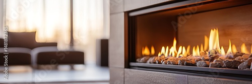 Cozy gas fireplace with natural stone and warm flames against blurred living room background
