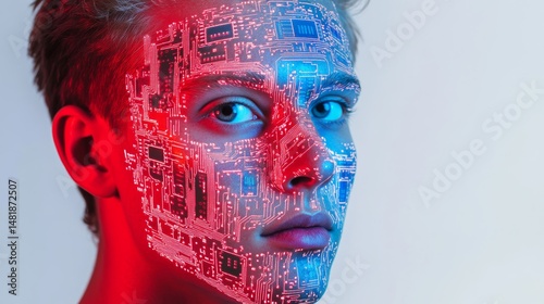 Cyberpunk portrait of a man with circuit board face paint and glowing red and blue lights on a white background concept for technology and the future 