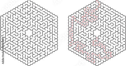 Complex hexagonal mazes showing the solution path with red lines for logic puzzles
