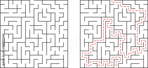 Two maze illustrations with solution shown representing challenges and problem solving concepts