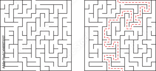 Illustration of a complex maze with solution path marked in dotted red lines