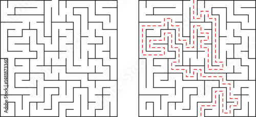 A black and white maze with solution indicated by a red dotted path showing success