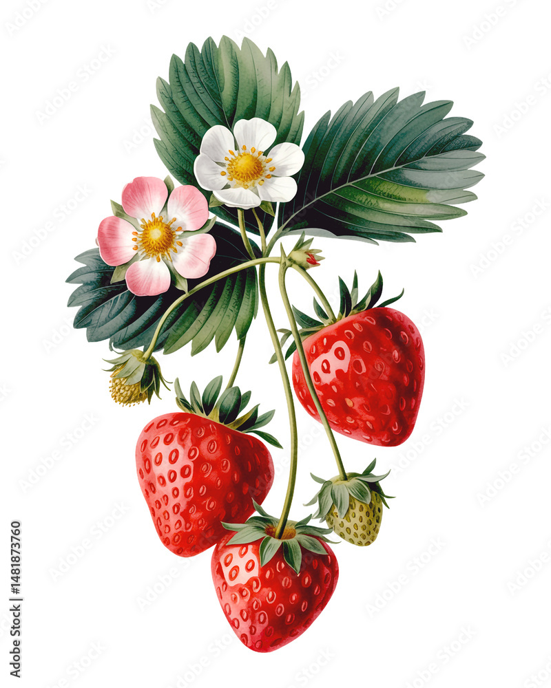 Obraz premium Branch with strawberries and flowers, watercolor clipart illustration with isolated background png