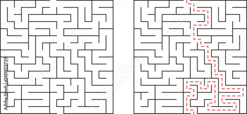 Complex maze illustration demonstrating a solution path for problem solving and navigation