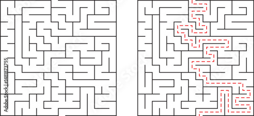 Complex maze with a solution path demonstrated for problem solving and cognitive thinking