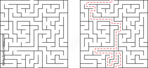 Maze illustration depicting a problem solving concept with solved and unsolved paths shown