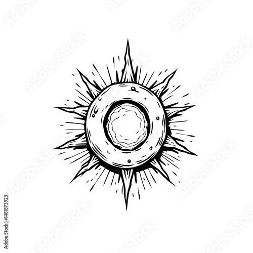 Monochrome celestial emblem featuring radiant light emanating from a central orb