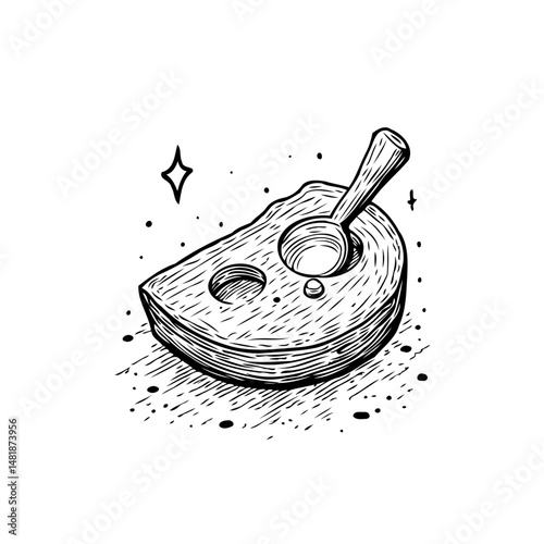 Whimsical wooden block with spoon in a surreal monochrome illustration