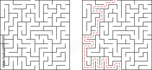 Complex maze illustration featuring solution path shown in dotted red lines on a white background