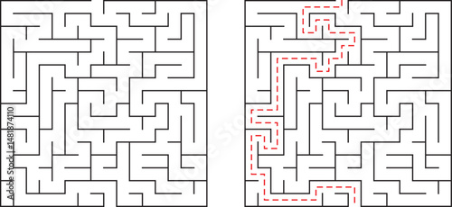 Solved and unsolved maze illustration presenting problem solving concepts and finding solutions