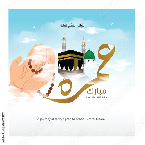 Al Hajj and Umrah Mubarak. Arabic calligraphy Translations:  hajj mubrak with Muslim man in hand tasbih during pray in Kaaba background 3D vector Illustration.