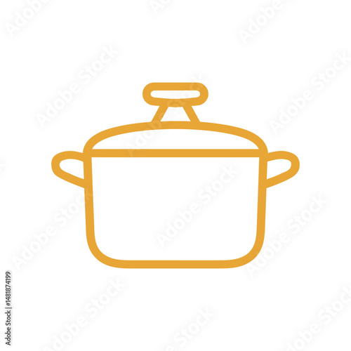 Isolated golden outline depicts a cooking pot with its lid on white background