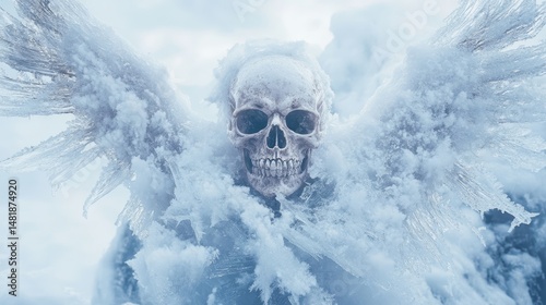 Frozen skull angel: icy wings in winter blizzard background 
