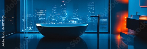 Luxury bathroom interior design with panoramic window and city night lights background