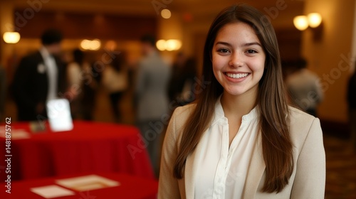 Young woman at career fair smiling wearing blazer showcasing job opportunities with warm lighting and blurred background perfect for recruitment or corporate content