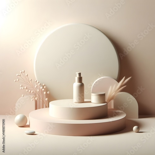 Minimalist podium on a soft, elegant background with warm neutral tones, smooth textures, and gentle shadows, perfect for displaying beauty products such as skincare or cosmetics, clean composition wi