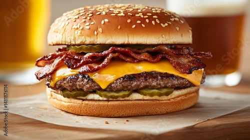charbroiled cheeseburger with crispy bacon and pickles, sitting on parchment-lined board, beer stein with foam top placed casually in background, captured with shallow depth of field and warm